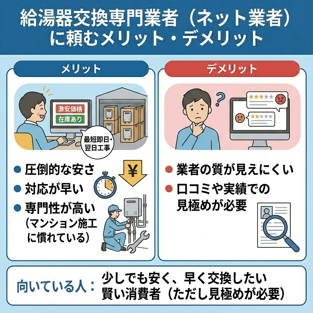 給湯器交換専門業者（ネット業者）に依頼する際のメリットとデメリットを比較したイラスト図解。メリットとして「圧倒的な安さ」「対応が早い（最短即日・翌日工事）」「マンション施工に慣れており専門性が高い」点、デメリットとして「業者の質が見えにくい」「口コミや実績での見極めが必要」な点を挙げ、少しでも安く早く交換したい賢い消費者に向いているが、業者の見極めが重要であると説明している。