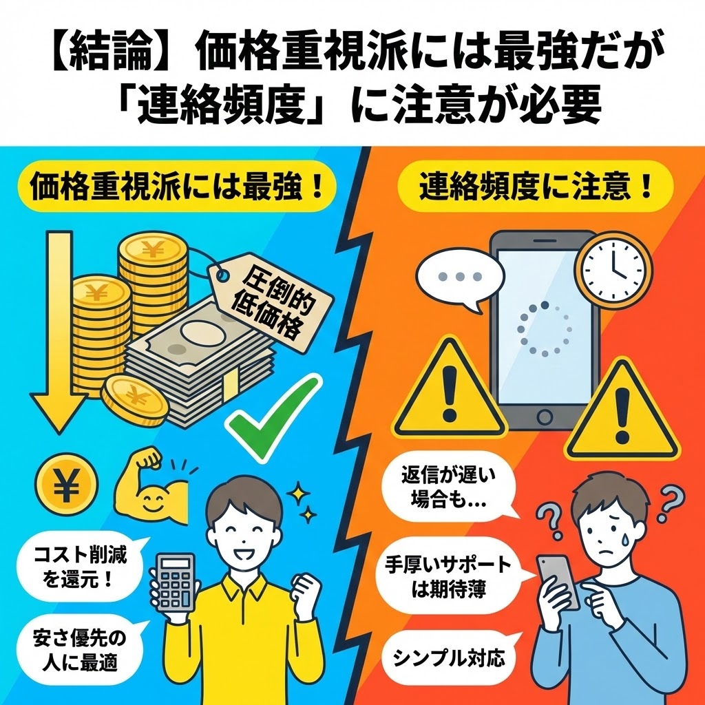 【結論】価格重視派には最強だが「連絡頻度」に注意が必要、というタイトルの比較図解イラスト。左側は「価格重視派には最強！」として、圧倒的な低価格やコスト削減を喜ぶ男性のイラスト。右側は「連絡頻度に注意！」として、返信の遅さやシンプル対応に困惑する男性と注意アイコンが描かれている。サービスのメリットとデメリットを対比させたインフォグラフィック。