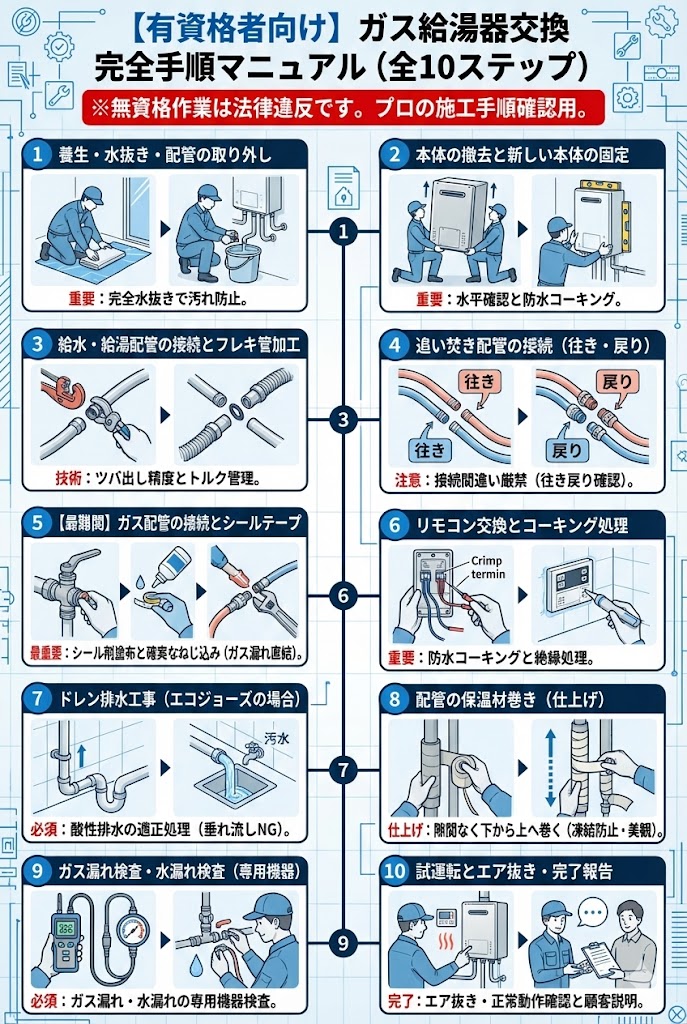 【有資格者向け】ガス給湯器交換の完全手順マニュアル（全10ステップ）の工程フロー図。「無資格作業は法律違反です」という警告と共に、養生・取り外しから、ガス配管接続、漏れ検査、試運転までのプロの施工手順を詳細にイラストで解説している。