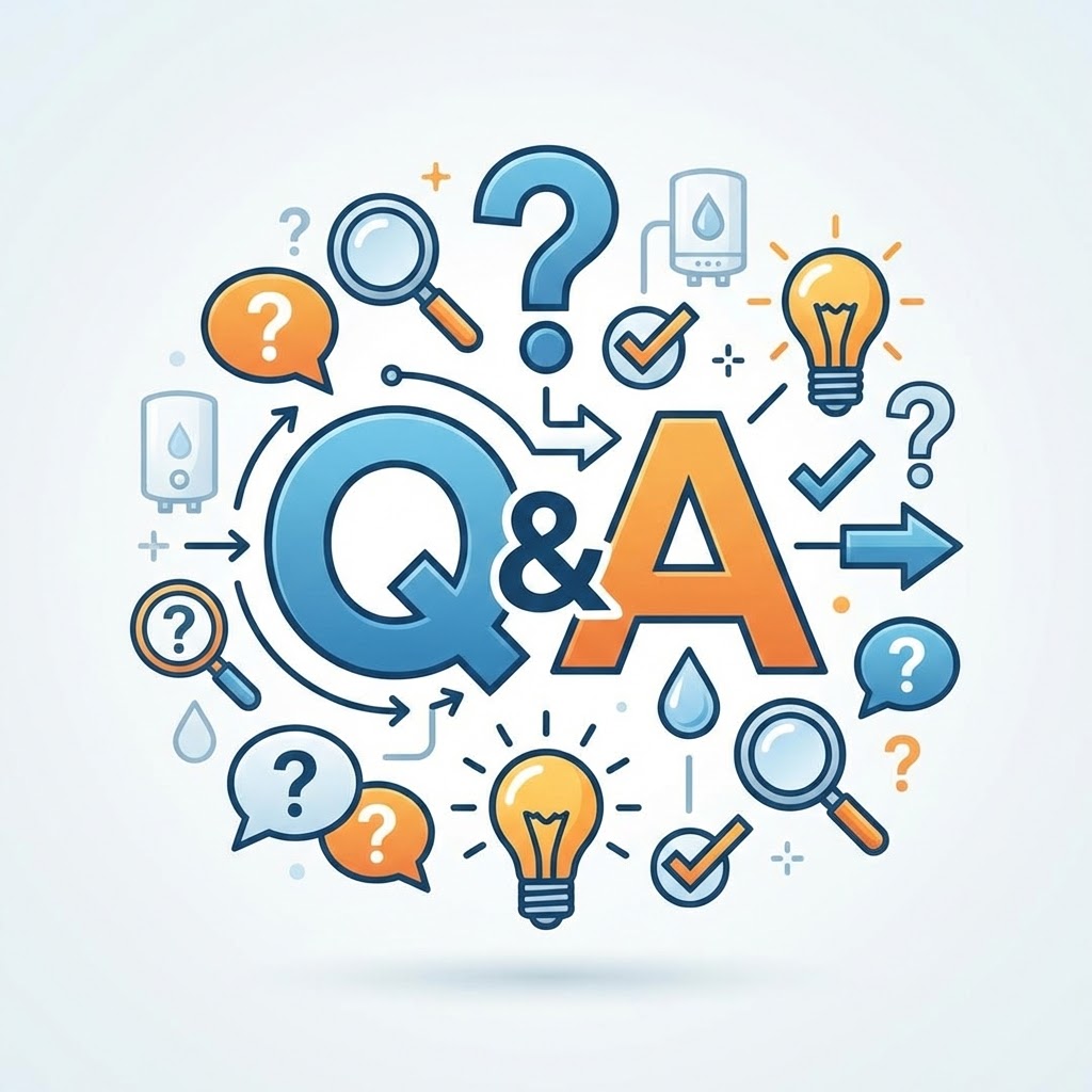 「Q&A」の大きな文字を中心に、質問（はてなマーク、吹き出し、虫眼鏡）や解決・ひらめき（電球、チェックマーク）を示すアイコンが散りばめられたイラスト。給湯器や水滴のアイコンも含まれており、給湯器交換に関するよくある質問と回答（FAQ）のセクションを象徴するイメージ図。