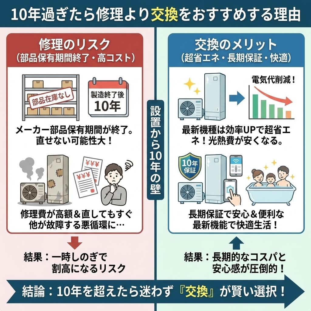 【図解】10年過ぎたら修理より交換をおすすめする理由。設置から10年を境に、左側の「修理のリスク（部品保有期間終了で直せない可能性、修理費が高額で悪循環）」と、右側の「交換のメリット（最新機種で超省エネ・電気代削減、長期保証と快適機能）」を比較。結果として長期的なコスパと安心感が圧倒的であるため、10年を超えたら迷わず『交換』が賢い選択であると結論付けたイラスト解説。