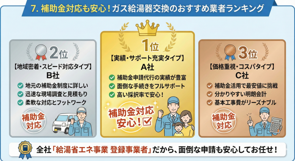7. 補助金対応も安心！ガス給湯器交換のおすすめ業者ランキング。1位は【実績・サポート充実タイプ】A社（申請代行実績が豊富）、2位は【地域密着・スピード対応タイプ】B社（地元の補助金に詳しい）、3位は【価格重視・コスパタイプ】C社（補助金活用で最安値挑戦）を紹介。掲載全社が「給湯省エネ事業 登録事業者」であり、面倒な申請も安心してお任せできることを強調した図解イラスト。