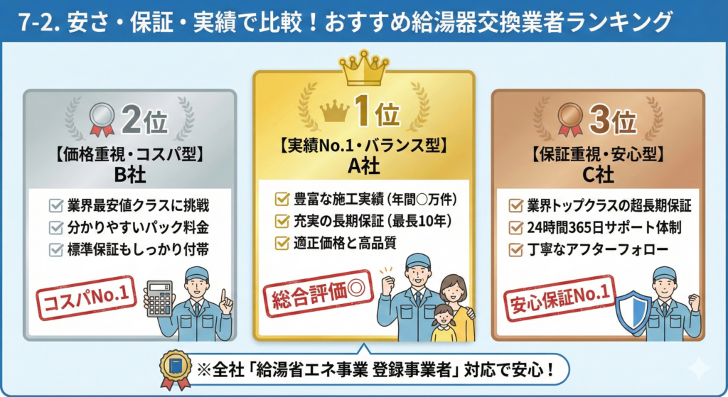 7-2. 安さ・保証・実績で比較！おすすめ給湯器交換業者ランキング。1位は【実績No.1・バランス型】A社（豊富な施工実績と充実の長期保証で総合評価◎）、2位は【価格重視・コスパ型】B社（業界最安値クラス挑戦でコスパNo.1）、3位は【保証重視・安心型】C社（超長期保証と24時間サポートで安心保証No.1）を紹介。全社が「給湯省エネ事業 登録事業者」対応で安心であることを強調した図解イラスト。