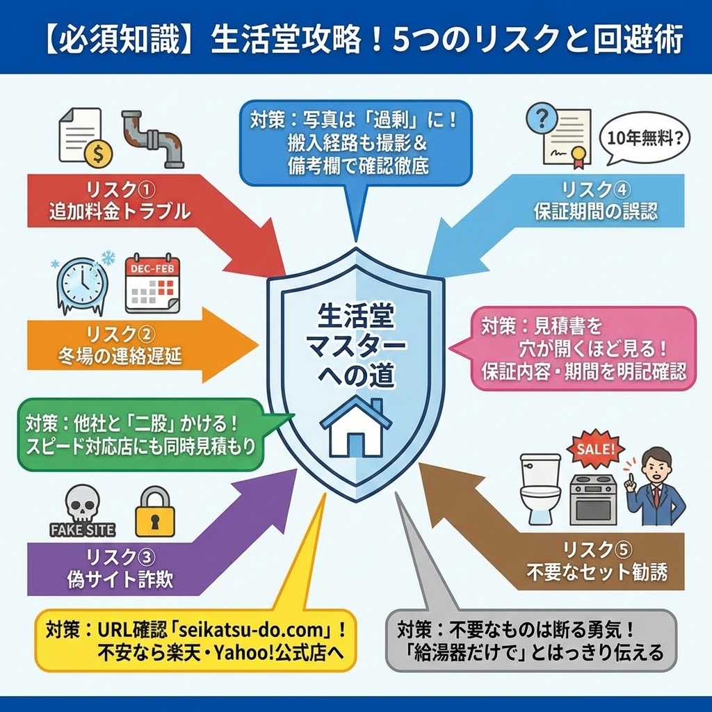 【必須知識】生活堂攻略！5つのリスクと回避術の図解。中央の盾「生活堂マスターへの道」に向かって、リスク①追加料金トラブル、リスク②冬場の連絡遅延、リスク③偽サイト詐欺、リスク④保証期間の誤認、リスク⑤不要なセット勧誘の5つの矢印が向かっている。それぞれの矢印に対し、具体的な対策（写真を過剰に送る、他社と二股かける、URL確認、見積書確認、断る勇気など）が吹き出しで示され、盾を守っている様子を描写。