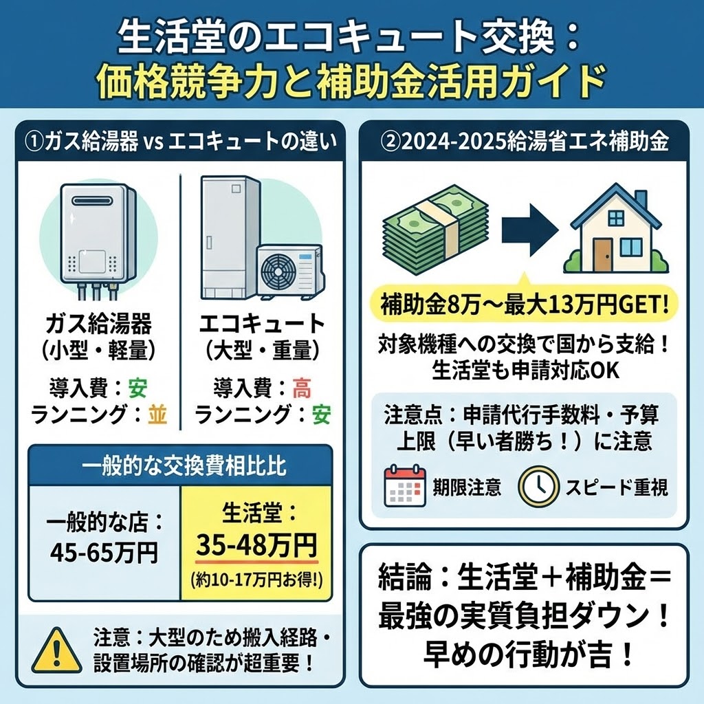 【図解】生活堂のエコキュート交換：価格競争力と補助金活用ガイド。左側でガス給湯器とエコキュートの違い（導入費、ランニングコスト、サイズ）を比較し、生活堂の交換費用が一般的な店より安いことを示す。右側で2024-2025年の給湯省エネ補助金（最大13万円）の概要、生活堂での申請対応、注意点（予算上限、早い者勝ち）を解説。結論として「生活堂＋補助金＝最強の実質負担ダウン」と強調している。