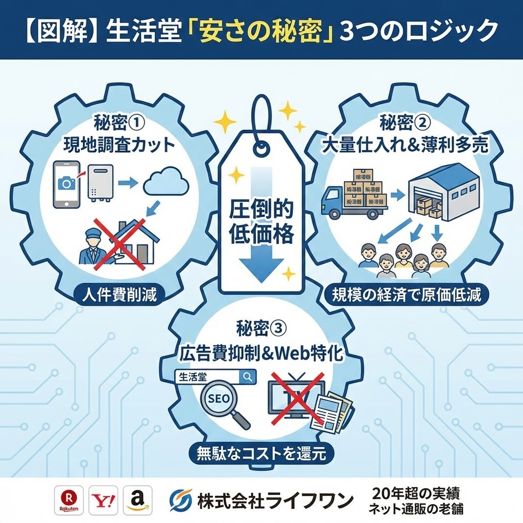 【図解】生活堂「安さの秘密」3つのロジック。中央に「圧倒的低価格」の値札。それを囲む3つの歯車。左上は「秘密①現地調査カット」で、スマホ写真送付による「人件費削減」を図示。右上は「秘密②大量仕入れ＆薄利多売」で、トラック・倉庫による「規模の経済で原価低減」を図示。下は「秘密③広告費抑制＆Web特化」で、SEO検索による「無駄なコストを還元」を図示。下部には運営会社「株式会社ライフワン」と「20年超の実績 ネット通販の老舗」の表記あり。