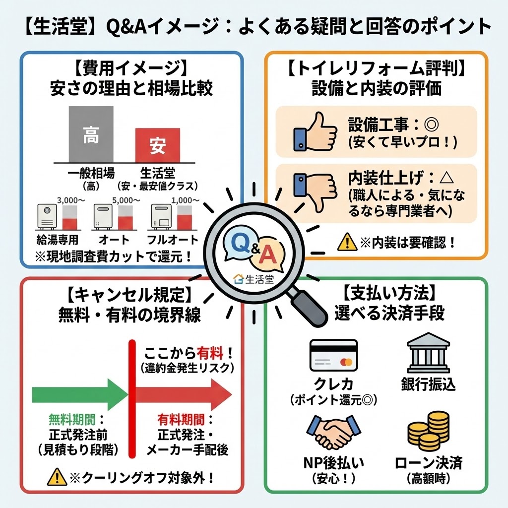 【生活堂】Q&Aイメージ：よくある疑問と回答のポイントの図解。中央のルーペアイコンの周囲に4つの回答ポイントを配置。左上は「費用イメージ」で、一般相場より安い生活堂の価格帯（給湯専用、オート、フルオート）と安さの理由（現地調査費カット）を棒グラフで比較。右上は「トイレリフォーム評判」で、設備工事は良いが内装仕上げは職人によるとし、内装は要確認と注意喚起。左下は「キャンセル規定」で、正式発注前は無料だが発注・手配後は有料（違約金発生）となるタイムラインと、クーリングオフ対象外であることを明記。右下は「支払い方法」で、クレジットカード、銀行振込、NP後払い、ローン決済の4つの手段をアイコンで紹介している。