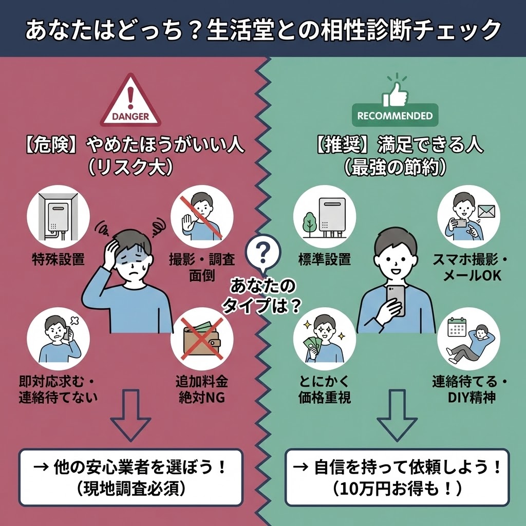 図解「あなたはどっち？生活堂との相性診断チェック」。左側は「【危険】やめたほうがいい人」として、特殊設置や撮影面倒、即対応希望などの特徴を挙げ、「他の安心業者を選ぼう（現地調査必須）」と誘導。右側は「【推奨】満足できる人」として、標準設置、スマホ撮影OK、価格重視などの特徴を挙げ、「自信を持って依頼しよう（10万円お得も）」と推奨する比較チャート。