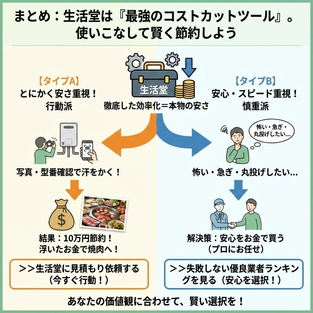 まとめ：生活堂は『最強のコストカットツール』。使いこなして賢く節約しようの図解。中央の生活堂のツールボックスから、左の「【タイプA】とにかく安さ重視！行動派」と右の「【タイプB】安心・スピード重視！慎重派」へ分岐。左は写真・型番確認で汗をかき10万円節約して焼肉へ行く道（生活堂に見積もり依頼）。右は怖い・急ぎ・丸投げしたい人が安心をお金で買ってプロに任せる道（優良業者ランキングを見る）。最後に「あなたの価値観に合わせて、賢い選択を！」と締めくくっている。