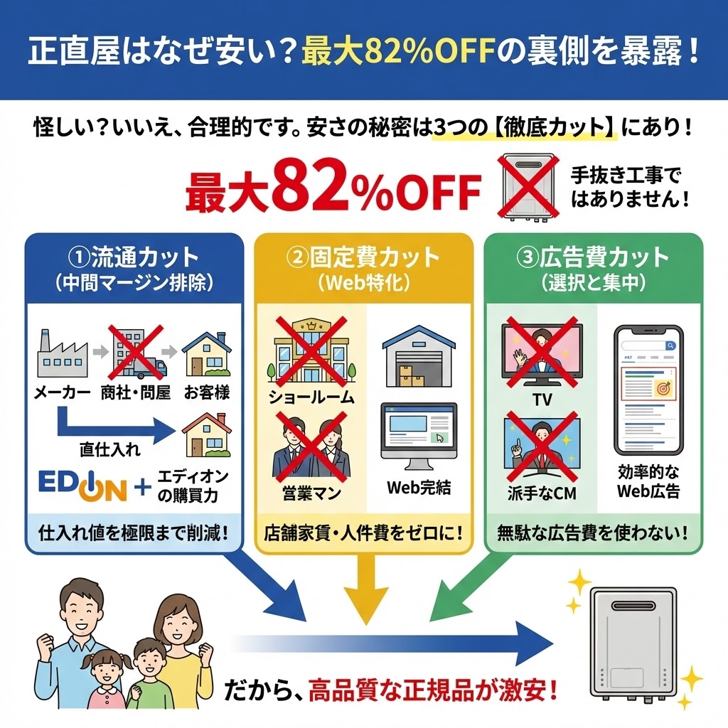 正直屋が最大82%OFFという激安価格で給湯器を提供できる「安さの裏側」を解説した図解イラスト。①中間マージンを排除した流通カット（メーカー直仕入れ＋エディオンの購買力）、②ショールームを持たない固定費カット（Web特化）、③無駄な広告費を削減した広告費カット（選択と集中）という3つの合理的な理由により、手抜き工事ではなく、高品質な正規品を安く提供できる仕組みを説明。