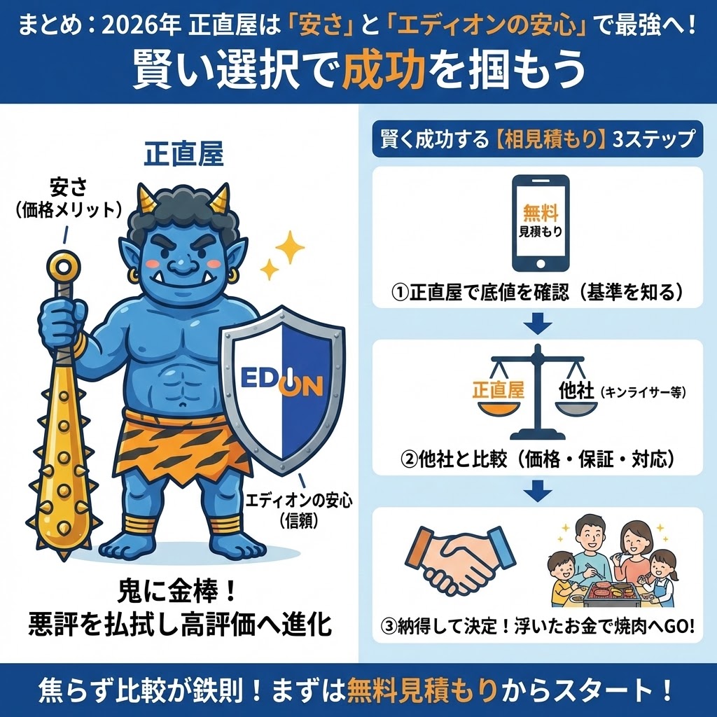 記事のまとめとして、2026年の正直屋が「安さ（価格メリット）」と「エディオンの安心（信頼）」を兼ね備えた最強の選択肢に進化したことを示す「鬼に金棒」のイラスト。さらに、賢く給湯器交換を成功させるための「相見積もり3ステップ（正直屋で底値確認、他社と比較、納得して決定）」を分かりやすく図解したフローチャート。
