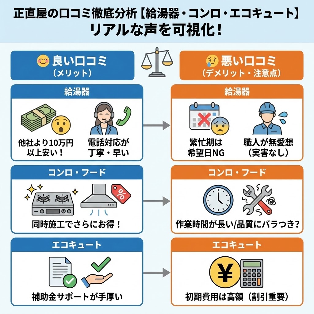 正直屋の給湯器、コンロ、エコキュートに関するリアルな口コミを「良い点（メリット）」と「悪い点（デメリット・注意点）」に分けて徹底分析した図解。価格の安さや電話対応の良さなどのメリットと、繁忙期の予約の取りづらさや職人の対応などのデメリットをアイコンとテキストで可視化。