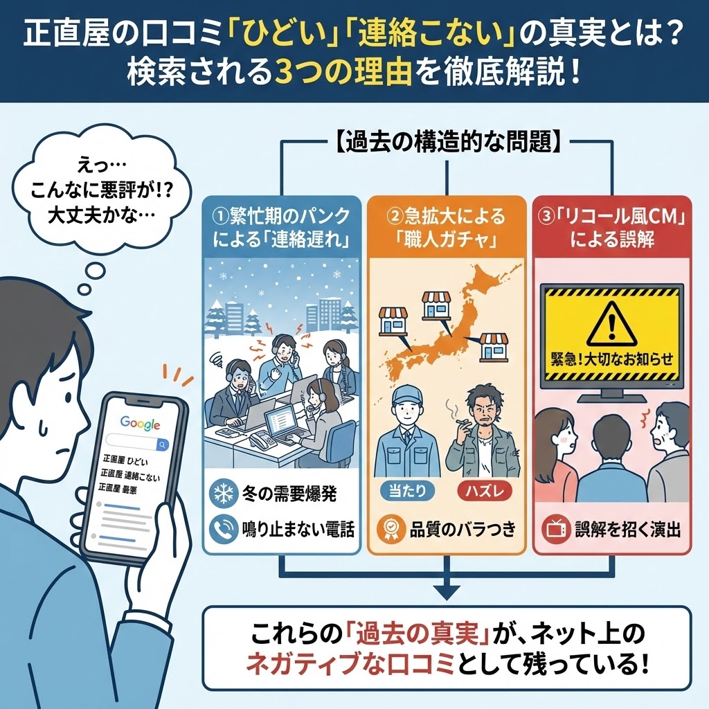 正直屋の口コミで「ひどい」「連絡こない」と検索される3つの理由（繁忙期のパンクによる連絡遅れ、急拡大による職人ガチャ、リコール風CMによる誤解）と、過去の構造的な問題を図解したイラスト。