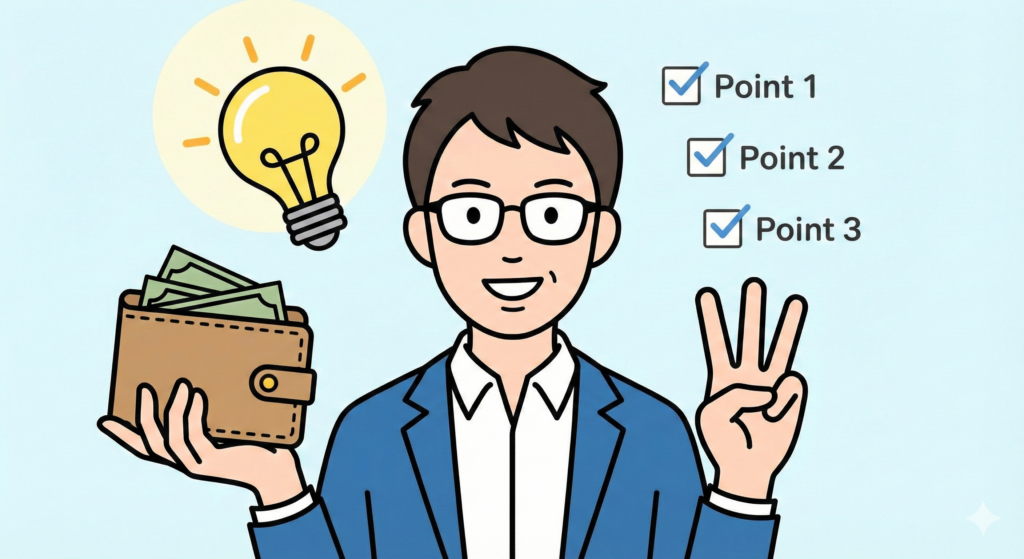 費用を抑えて賢く給湯器を交換するための3つのポイントを示すひらめき電球と財布のイラスト