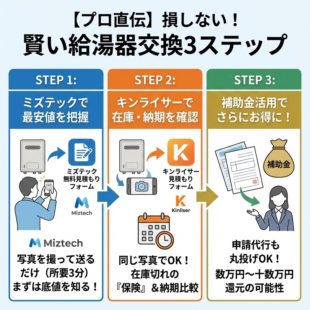 【プロ直伝】損しない！賢い給湯器交換3ステップの解説インフォグラフィック。STEP1（青）は「ミズテックで最安値を把握」として、スマホで給湯器の写真を撮って送るだけで底値（基準価格）を知る手順を図解 。STEP2（オレンジ）は「キンライサーで在庫・納期を確認」として、STEP1と同じ写真を使って問い合わせ、在庫切れ時の「保険」と納期の比較を行う手順を図解 。STEP3（緑）は「補助金活用でさらにお得に！」として、国の給湯省エネ事業などの申請代行を利用し、数万円〜十数万円の実質値引きを受ける手順を図解している 。
+2