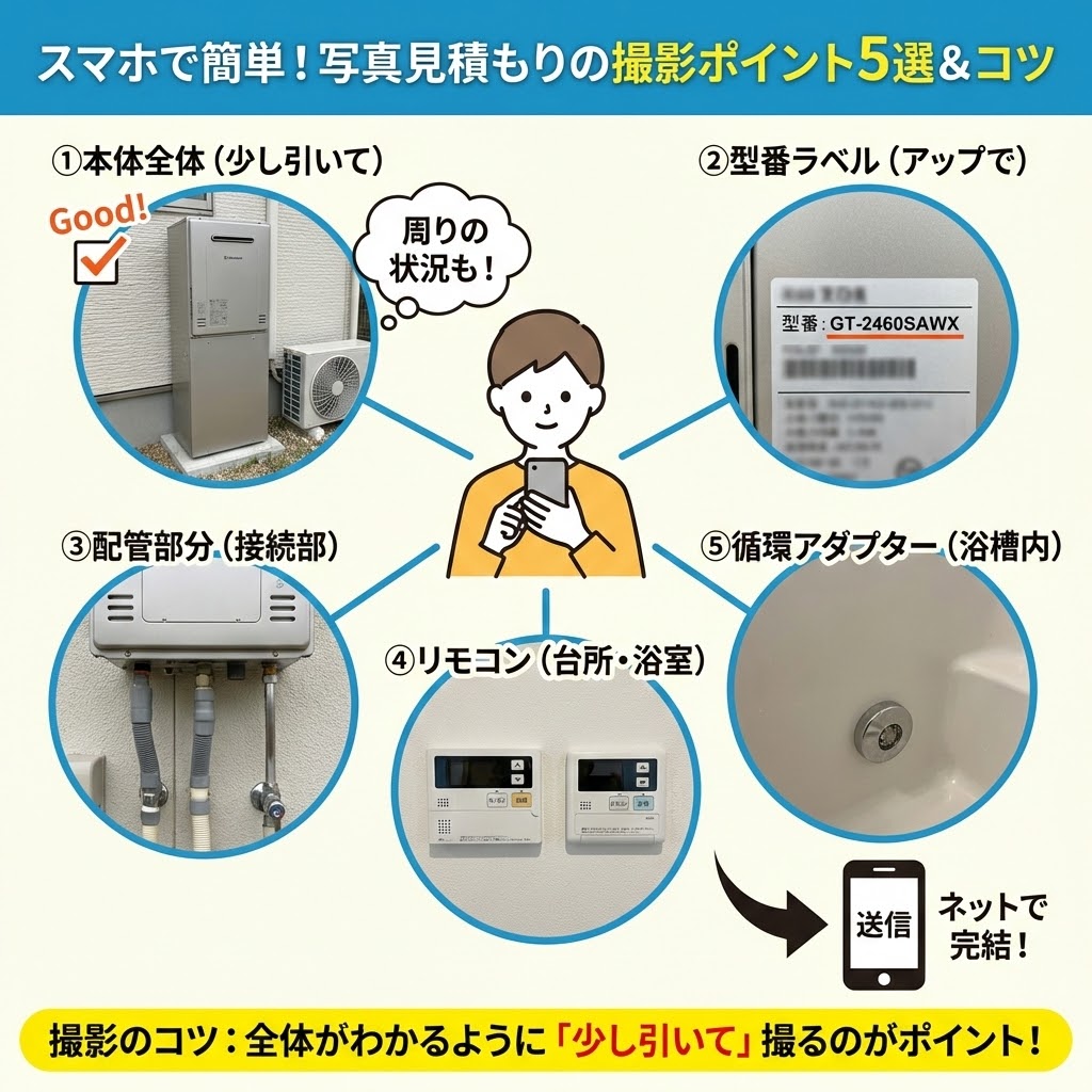 「スマホで簡単!写真見積もりの撮影ポイント5選&コツ」というタイトルの図解。スマホを持つ人物を中心に、必要な5つの写真(①本体全体を少し引いて、②型番ラベルをアップで、③配管部分の接続部、④台所と浴室のリモコン、⑤浴槽内の循環アダプター)を具体的な写真付きで解説。最下部には「撮影のコツ:全体がわかるように『少し引いて』撮るのがポイント!」と強調されている。