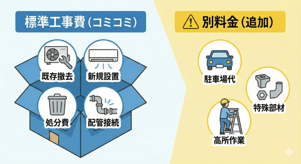 給湯器交換の標準工事費に含まれるものと別料金になる追加費用の違いを示す図解イラスト