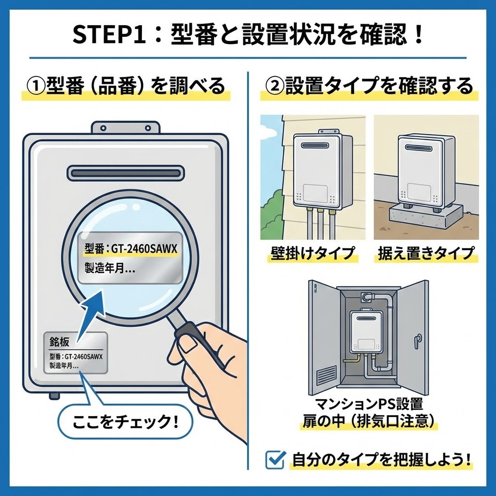 給湯器交換のSTEP1「型番と設置状況を確認！」の図解。左側は「①型番（品番）を調べる」として、給湯器本体の銘板（シール）を虫眼鏡で拡大し、「型番：GT-2460SAWX」を確認する様子。右側は「②設置タイプを確認する」として、「壁掛けタイプ」「据え置きタイプ」「マンションPS設置（扉の中・排気口注意）」の3種類の設置状況をイラストで示し、自分のタイプを把握するよう促している。