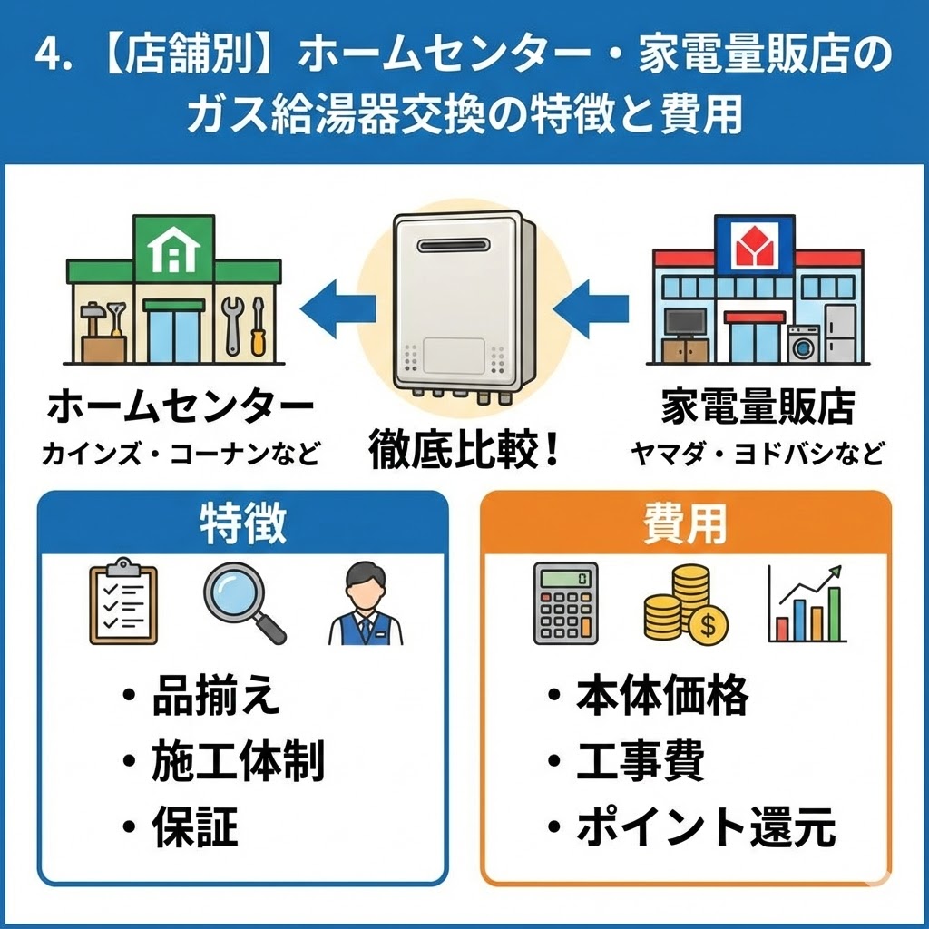 【店舗別】ホームセンター・家電量販店のガス給湯器交換の特徴と費用を図解した比較イラスト。ホームセンター（カインズ・コーナンなど）と家電量販店（ヤマダ・ヨドバシなど）を対象に、特徴（品揃え、施工体制、保証）と費用（本体価格、工事費、ポイント還元）のポイントを徹底比較している様子がまとめられている。