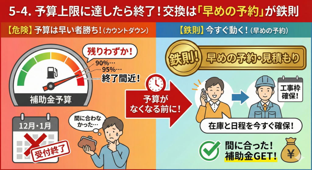 5-4. 予算上限に達したら終了！交換は「早めの予約」が鉄則。補助金予算が「残りわずか」「終了間近」となり、12月・1月には受付終了して間に合わなくなる「危険」な状況と、今すぐ「早めの予約・見積もり」をして在庫と日程を確保し、補助金をGETする「鉄則」を対比させた図解イラスト。中央で「予算がなくなる前に！」と行動を促している。