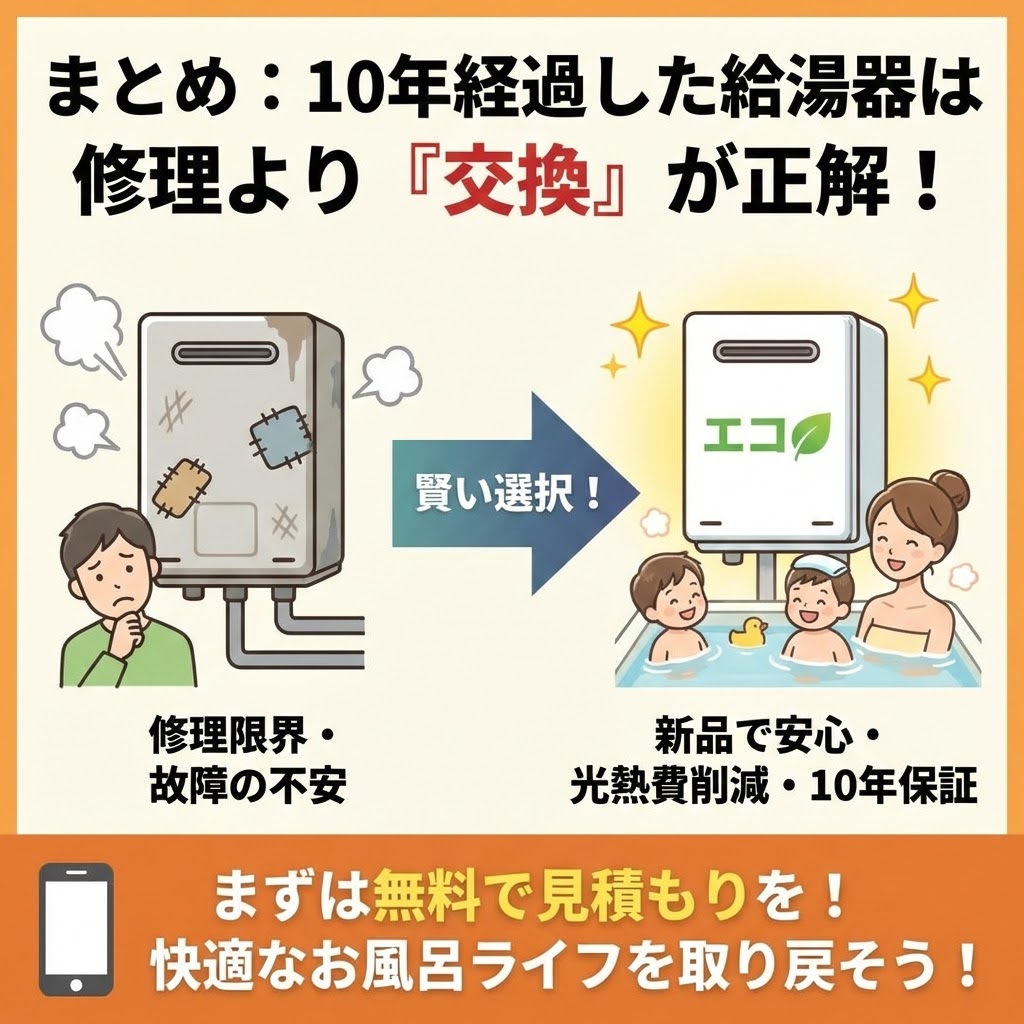 「まとめ：10年経過した給湯器は修理より『交換』が正解！」と題したイラスト。左側の古い給湯器（修理限界・不安）から、右側の新品エコ給湯器（安心・光熱費削減・10年保証）への「賢い選択」を図解し、無料見積もりを促している。