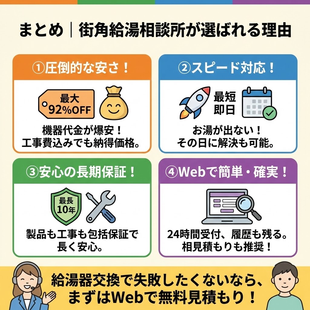 「まとめ｜街角給湯相談所が選ばれる理由」と題したインフォグラフィック。4つの主要なメリットとして「①圧倒的な安さ（最大92%OFF）」「②スピード対応（最短即日）」「③安心の長期保証（最長10年・包括保証）」「④Webで簡単・確実（24時間受付・相見積もり推奨）」をアイコン付きで解説。最後に「給湯器交換で失敗したくないなら、まずはWebで無料見積もり！」と呼びかけている。