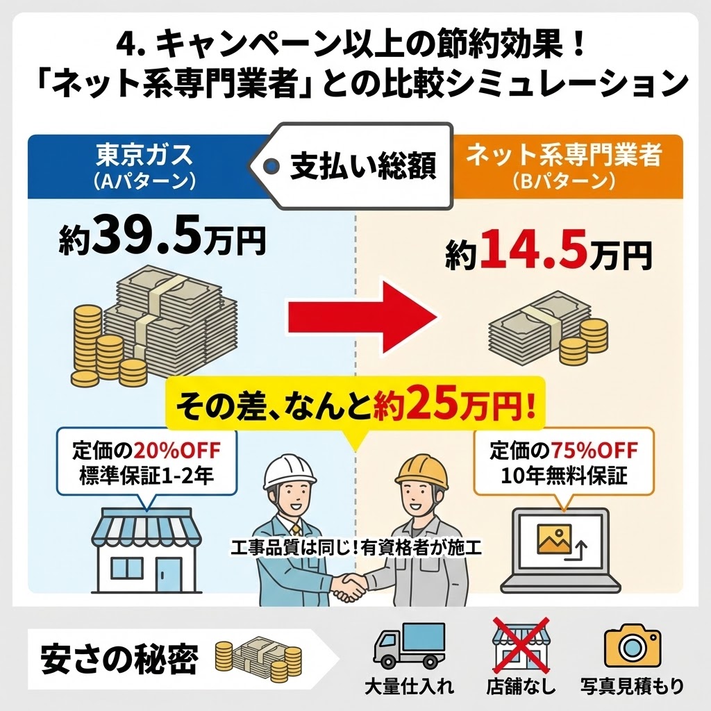 「キャンペーン以上の節約効果！『ネット系専門業者』との比較シミュレーション」の図解インフォグラフィック。東京ガスでの給湯器交換総額（約39.5万円）とネット系専門業者での総額（約14.5万円）を比較し、「その差、なんと約25万円！」と強調。中央で両社の有資格者が握手し「工事品質は同じ」であることを示し、ネット業者は定価の75%OFFに加え10年無料保証が付く点、そして安さの秘密（大量仕入れ、店舗なし、写真見積もり）をアイコンで解説している。