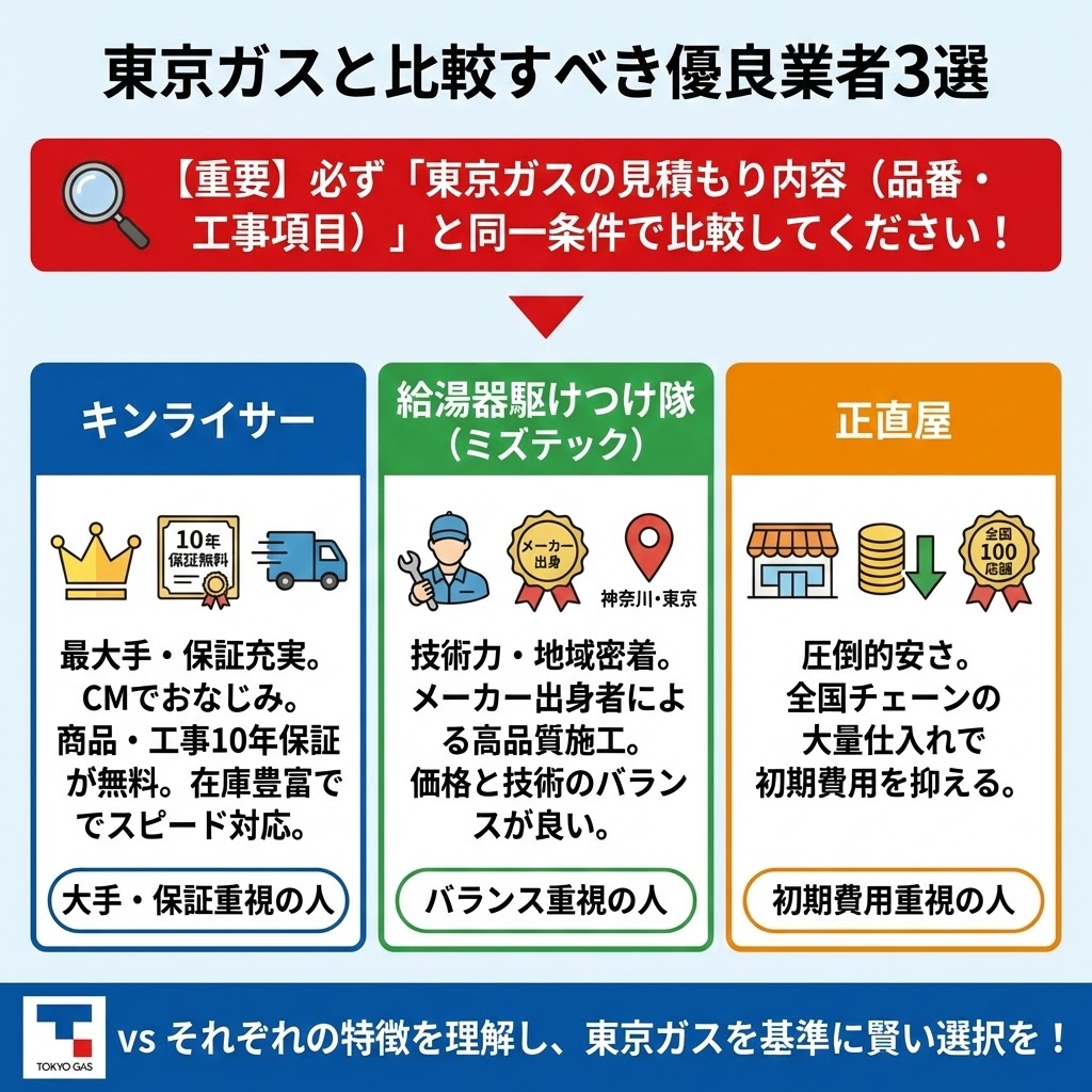 「東京ガスと比較すべき優良業者3選」のインフォグラフィック。東京ガスの見積もり内容（品番・工事項目）と同一条件で比較することを重要視し、3社の特徴を並列で紹介。左から「キンライサー（最大手・保証充実・10年保証無料・スピード対応）」、中央「給湯器駆けつけ隊ミズテック（技術力・地域密着・メーカー出身・バランス重視）」、右「正直屋（圧倒的安さ・全国チェーン・初期費用重視）」。それぞれの特徴とおすすめのタイプを分かりやすく図解している。