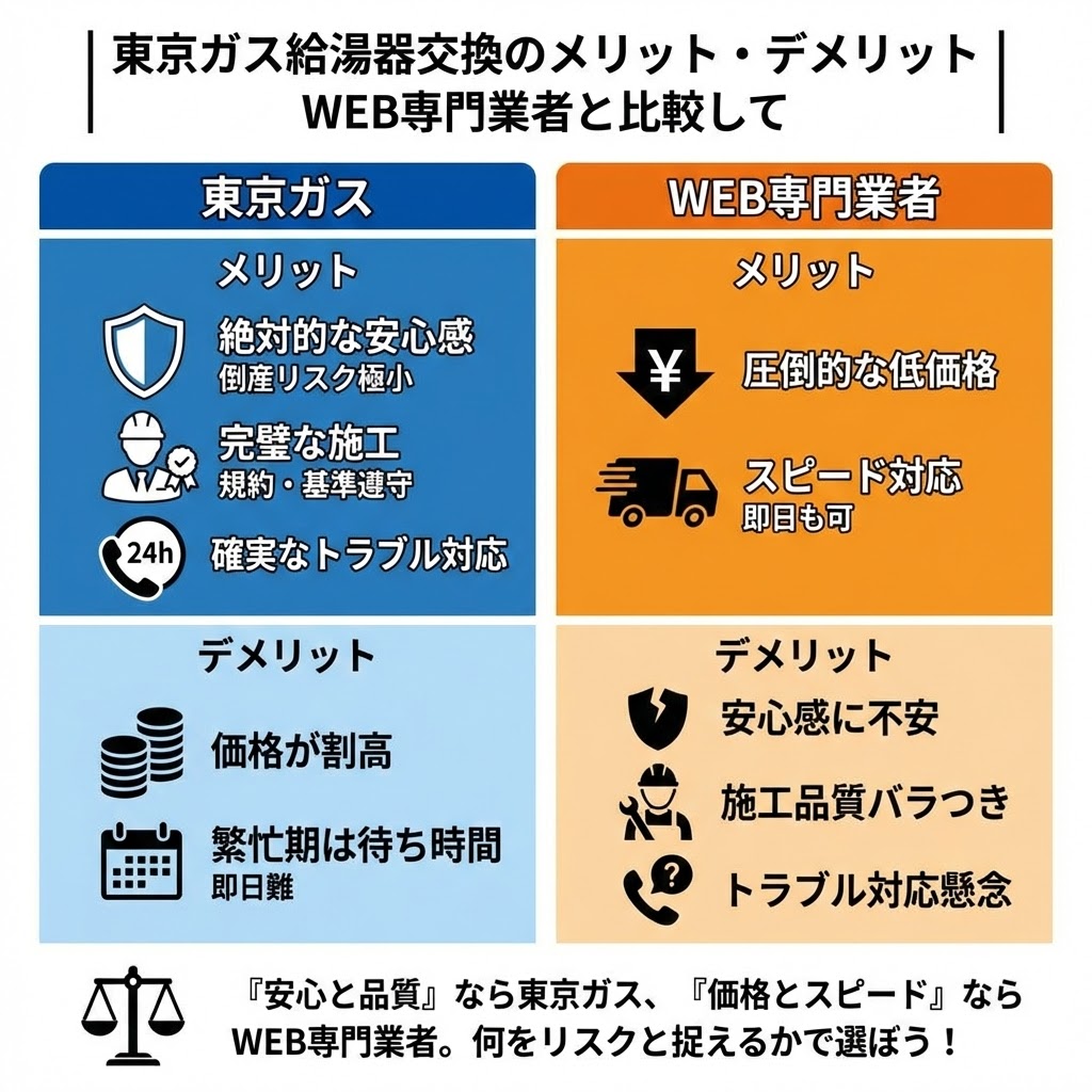 東京ガス給湯器交換のメリット・デメリットをWEB専門業者と比較したインフォグラフィック。左側の東京ガスは「絶対的な安心感」「完璧な施工」「確実なトラブル対応」がメリット、「価格が割高」「繁忙期は待ち時間」がデメリット。右側のWEB専門業者は「圧倒的な低価格」「スピード対応」がメリット、「安心感に不安」「施工品質バラつき」「トラブル対応懸念」がデメリットとして対比され、何をリスクと捉えるかでの選択を促している。