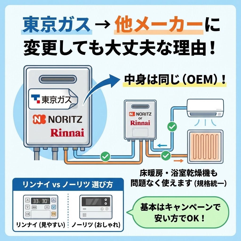 東京ガスブランドの給湯器からノーリツ・リンナイなど他メーカーへ変更しても問題ない理由をまとめた図解。中身が同じOEM製品であること、床暖房や浴室乾燥機との互換性がある（規格統一）ことをイラストで解説。下部にはリンナイとノーリツのリモコン比較（見やすさvsおしゃれ）と、キャンペーンで安い方を選べば良いという結論が記載されている。