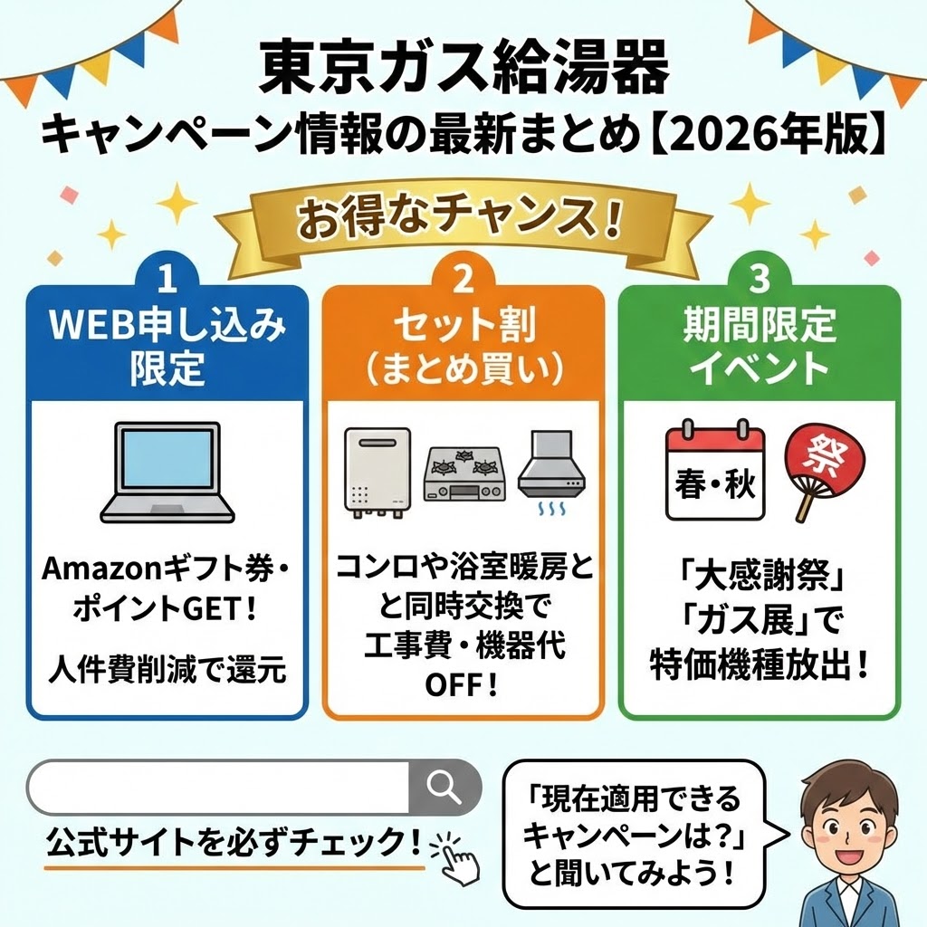 東京ガス給湯器 キャンペーン情報の最新まとめ【2026年版】のイラスト。「お得なチャンス！」として、1.WEB申し込み限定（Amazonギフト券・ポイントGET）、2.セット割（コンロや浴室暖房と同時交換でOFF）、3.期間限定イベント（春・秋の「大感謝祭」「ガス展」で特価）の3つを分かりやすく解説。「公式サイトを必ずチェック！」と促している。