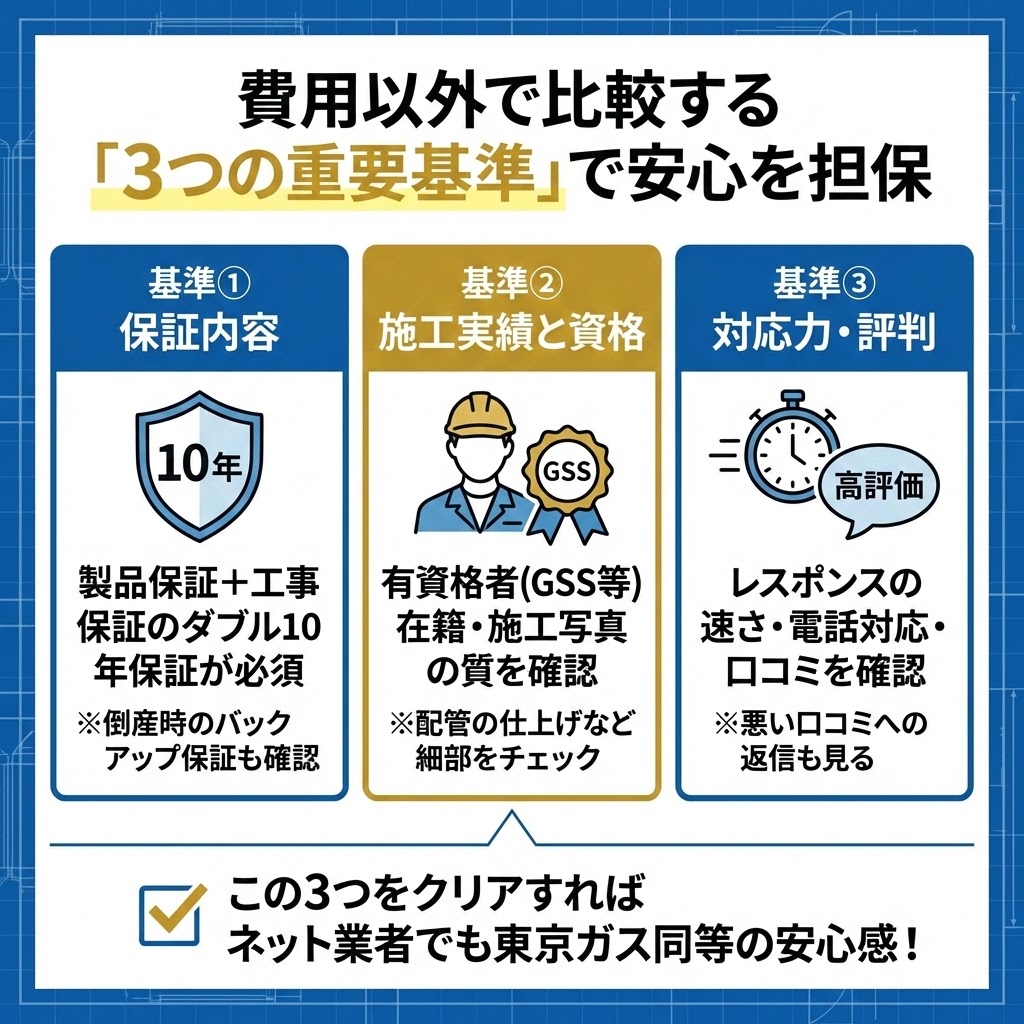 東京ガス給湯器交換費用以外で業者を比較する3つの重要基準。製品と工事のダブル10年保証、GSSなどの有資格者と施工実績、対応スピードと口コミ評判のチェックポイント解説図