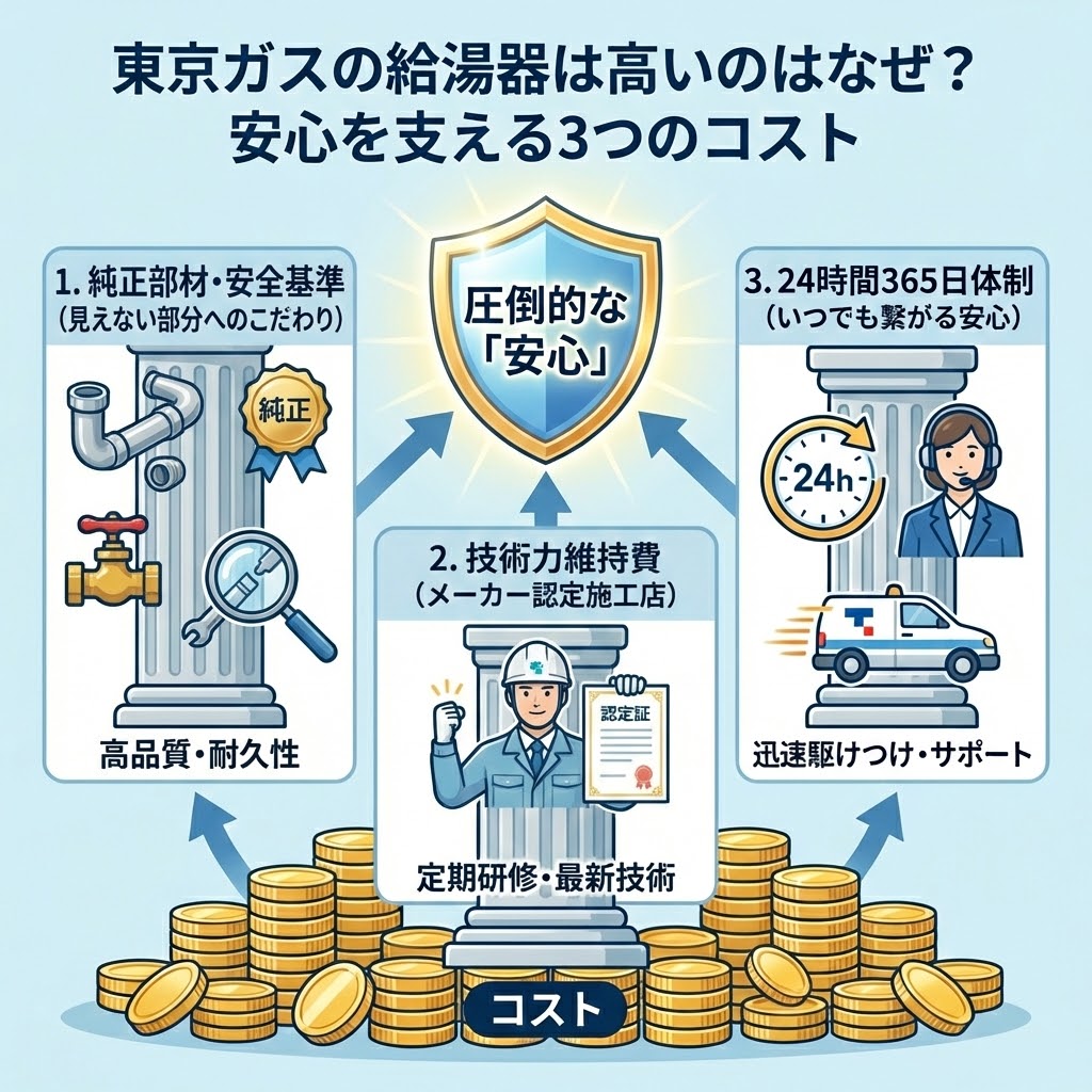 東京ガスの給湯器交換費用が高い理由を解説するイラスト。「安心を支える3つのコスト」として、「1.純正部材・安全基準（見えない部分へのこだわり）」「2.技術力維持費（メーカー認定施工店）」「3.24時間365日体制（いつでも繋がる安心）」という3つの要素が、コストを土台に「圧倒的な安心」の盾を支えている様子を図解している。
