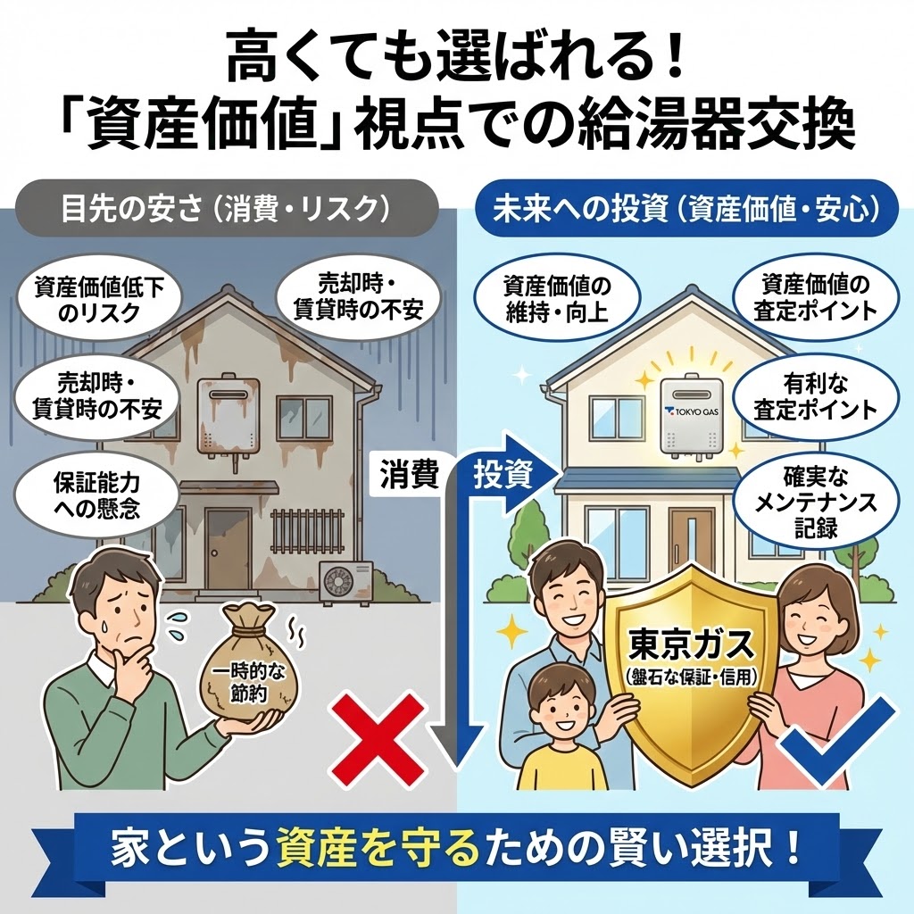東京ガスの給湯器交換費用が高くても選ばれる理由を「資産価値」の視点から解説するイラスト。左側の「目先の安さ（消費・リスク）」では、一時的な節約が資産価値低下や将来の不安につながる様子を描写。右側の「未来への投資（資産価値・安心）」では、東京ガスを選ぶことが資産価値の維持・向上、有利な査定、盤石な保証につながり、「家という資産を守るための賢い選択」であることを対比的に示している。