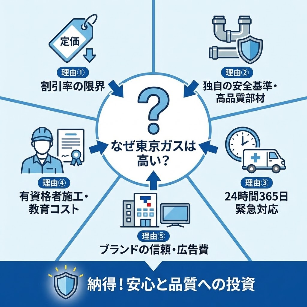東京ガス給湯器交換費用が高い5つの理由（割引率の限界、独自安全基準、24時間緊急対応、有資格者施工、ブランド信頼）の解説図