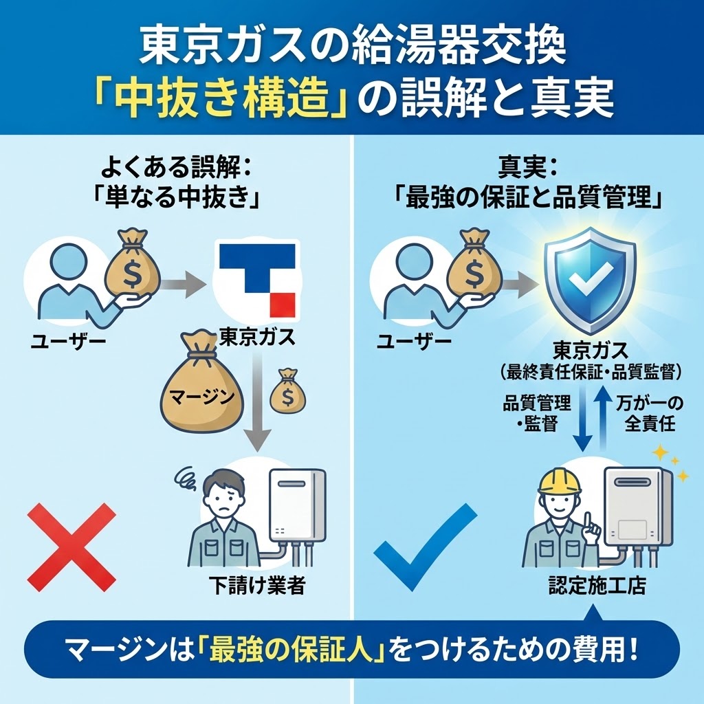 東京ガスの給湯器交換が高いと言われる「中抜き構造」の誤解と真実を解説するイラスト。左側の「よくある誤解」では、東京ガスが単にマージンを取って下請けに丸投げする様子をバツ印で示す。右側の「真実」では、東京ガスが「最終責任保証・品質監督」の盾となり、ユーザーと認定施工店の間で品質と安全を担保している様子をチェック印で示し、「マージンは『最強の保証人』をつけるための費用！」と結論づけている。