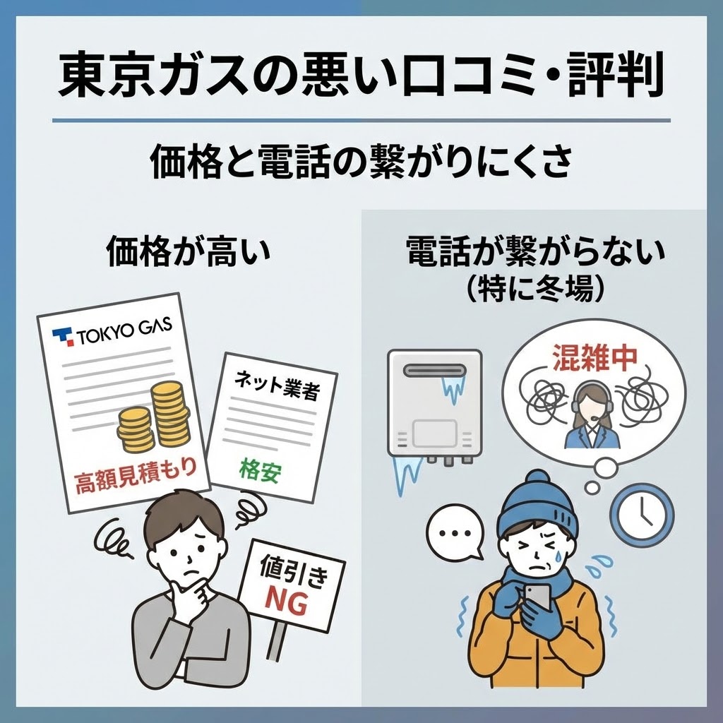 東京ガスの給湯器交換に関する悪い口コミ・評判のまとめイラスト。「価格が高い」「電話が繋がらない（特に冬場）」という2つの主な不満点について、高額な見積もりを見て悩む人物や、寒さの中で電話が繋がらず困っている人物のイラストで具体的に解説している。