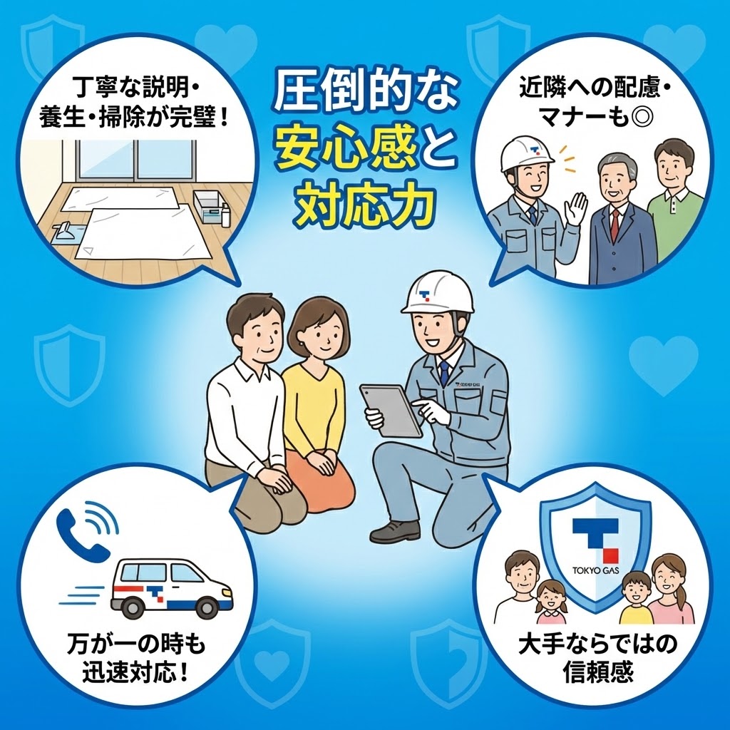 東京ガスの給湯器交換に関する良い口コミ・評判のまとめイラスト。「圧倒的な安心感と対応力」をテーマに、「丁寧な説明・養生・掃除」「近隣への配慮・マナー」「万が一の迅速対応」「大手ならではの信頼感」といった具体的なメリットが、顧客と作業員のイラストと共に紹介されている。