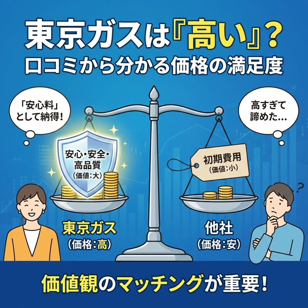 東京ガス給湯器交換の価格満足度を口コミから解説するイラスト。『高い』という声に対し、天秤を使って、価格は高いが『安心・安全・高品質』という価値に納得する満足層と、初期費用の安さを重視して『高すぎて諦めた』と感じる層を対比させ、価値観のマッチングが重要であることを示している。