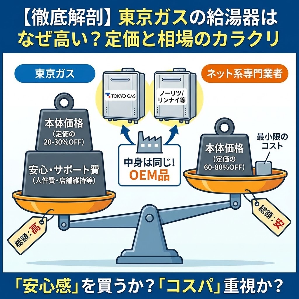 東京ガスの給湯器交換費用がなぜ高いかを解説する図解インフォグラフィック。天秤を用いて、東京ガス（定価の割引率が低く、安心・サポート費が含まれるため総額が高い）とネット系専門業者（定価からの割引率が高く、最小限のコストのため総額が安い）の価格構造を比較。また、中央では東京ガスブランドとメーカー品（ノーリツ/リンナイ等）が「中身は同じOEM品」であることを示し、最終的に「安心感を買うか？コスパ重視か？」と問いかけている。