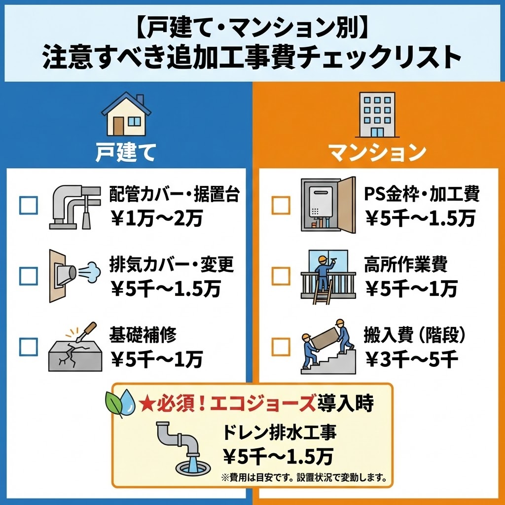 東京ガス給湯器交換費用で注意すべき追加工事費のチェックリスト。戸建て（配管カバー等）とマンション（PS金枠等）の項目別費用目安とエコジョーズ導入時のドレン排水工事