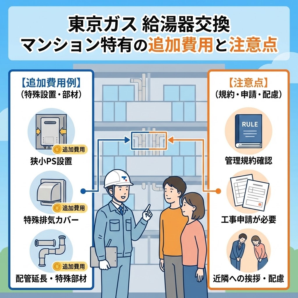 東京ガスの給湯器交換におけるマンション特有の追加費用と注意点を解説するイラスト。左側の「追加費用例」では、狭小PS設置、特殊排気カバー、配管延長などが追加費用となる可能性をアイコンで示し、右側の「注意点」では、管理規約の確認、工事申請、近隣への挨拶が必要であることを説明している。中央では、東京ガスの担当者がマンション居住者にこれらの点を説明している様子が描かれている。