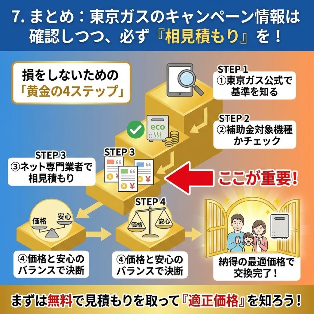 「まとめ：東京ガスのキャンペーン情報は確認しつつ、必ず『相見積もり』を！」の図解インフォグラフィック。損をしないための「黄金の4ステップ」を階段状のイラストで解説。STEP1「東京ガス公式で基準を知る」、STEP2「補助金対象機種かチェック」、STEP3「ネット専門業者で相見積もり（ここが重要！）」、STEP4「価格と安心のバランスで決断」を経て、「納得の最適価格で交換完了！」し喜ぶ家族の様子を描き、「まずは無料で見積もりを取って適正価格を知ろう！」と促している。