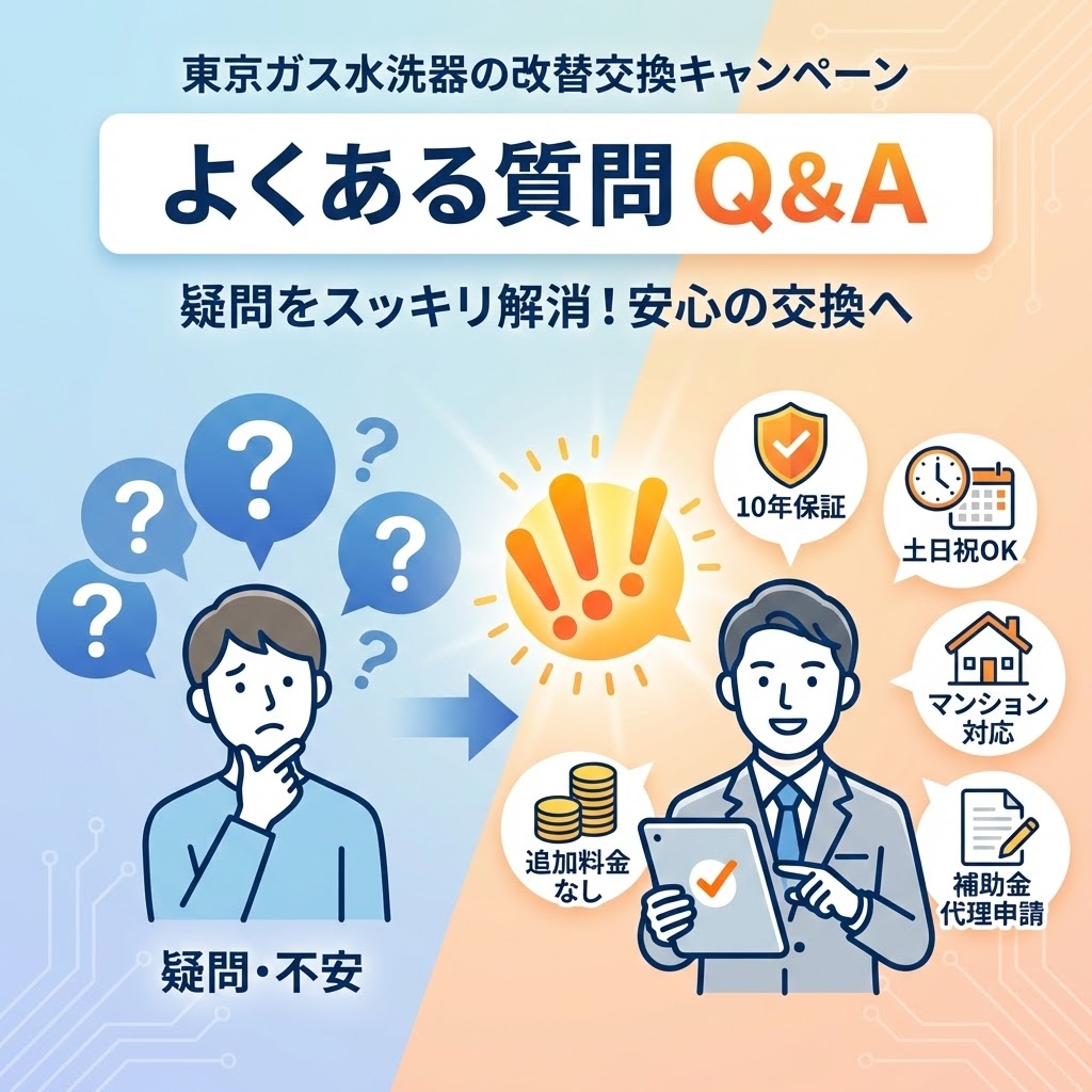 「東京ガス給湯器の交換キャンペーン よくある質問 Q&A」のイメージ図解。左側で「疑問・不安」を抱え考え込む人物のハテナマークが、中央で解消され、右側の専門家が示す「10年保証」「土日祝OK」「マンション対応」「追加料金なし」「補助金代理申請」といった解決策によって安心の交換へつながる様子をイラストで表現。