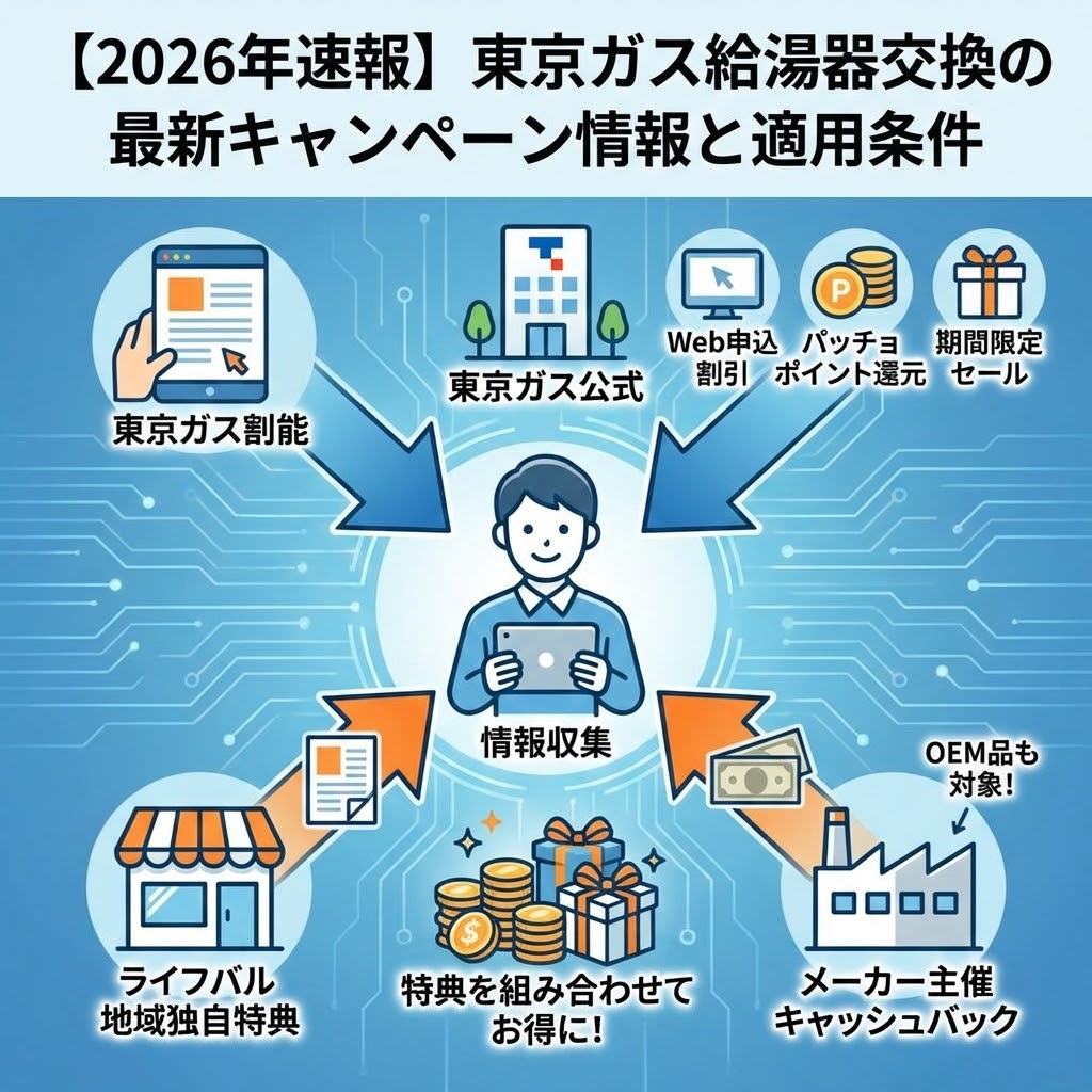 2026年最新の東京ガス給湯器交換キャンペーン情報と適用条件をまとめた図解。東京ガス公式の割引（Web申込、ポイント、セール）、ライフバルの地域独自特典、メーカー主催のキャッシュバックを組み合わせてお得に交換するための情報収集の様子をイラストで解説。