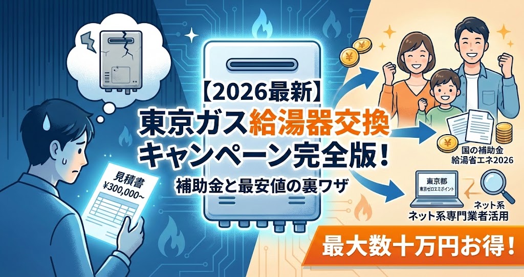 【2026最新】東京ガス給湯器交換キャンペーン完全版のアイキャッチ画像。左側で高額な見積もりに悩む男性と、右側で国の補助金（給湯省エネ2026）やネット系専門業者を活用して最大数十万円お得になり喜ぶ家族のイラストによる図解。
