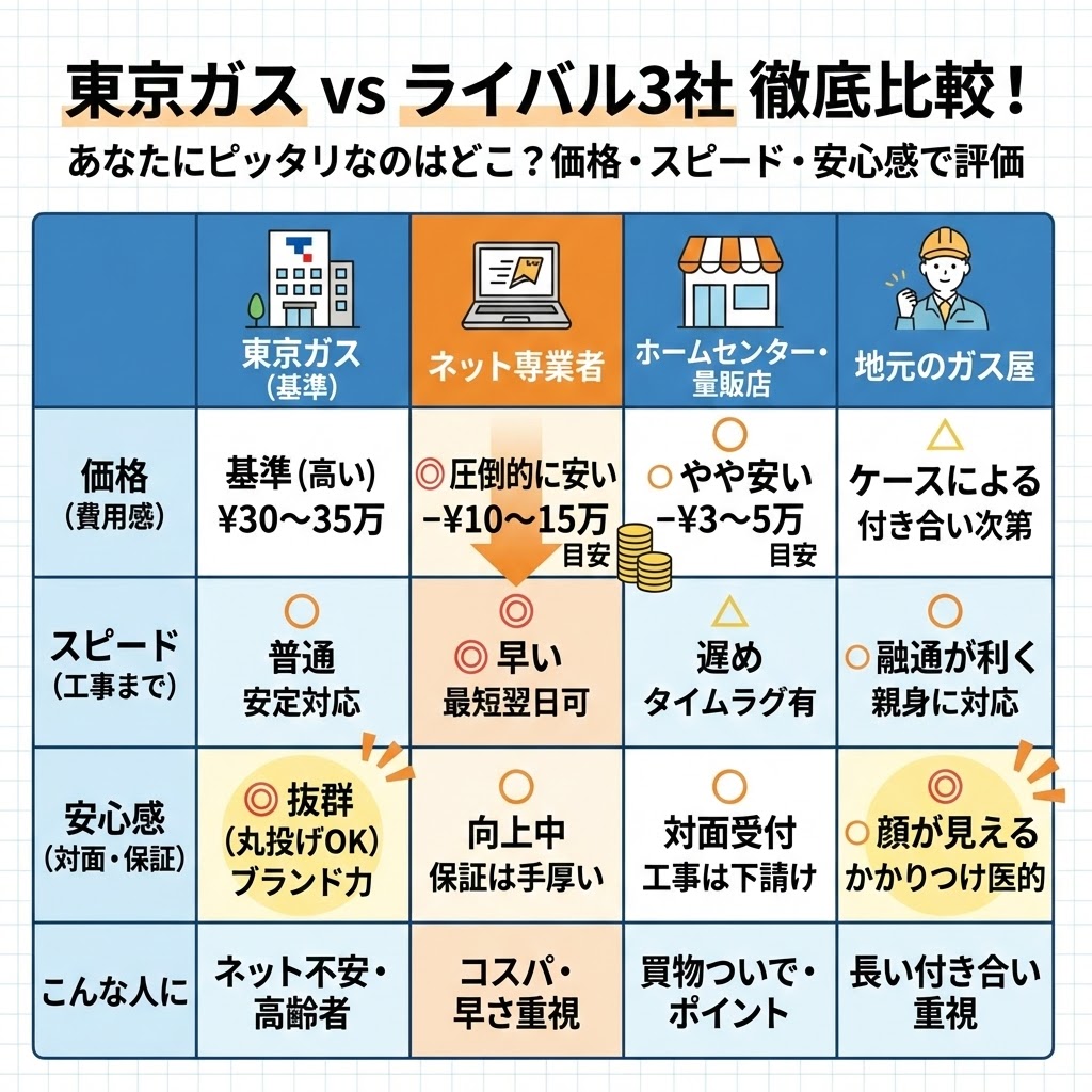 東京ガスとライバル業者（ネット専業、ホームセンター、地元ガス屋）の給湯器交換比較表。価格差・工事スピード・安心感を一覧で比較