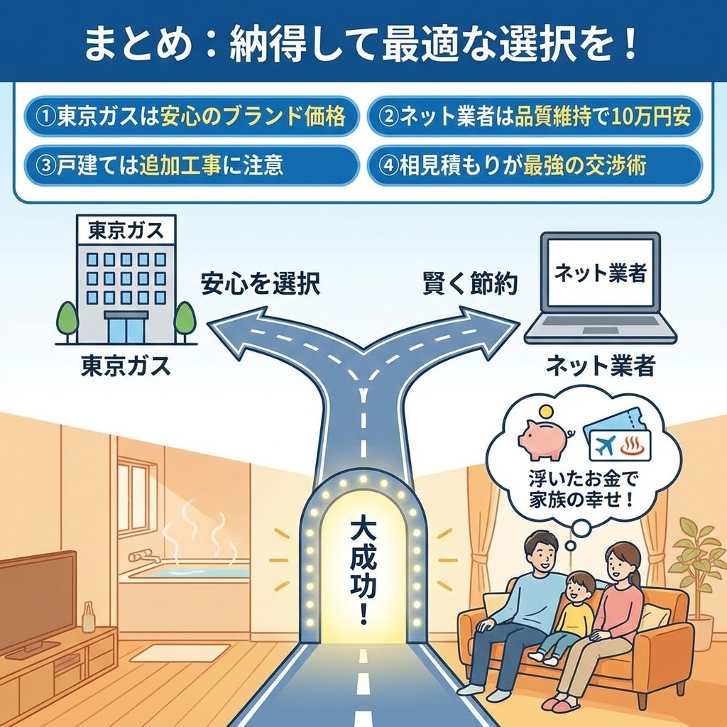 東京ガス給湯器交換費用の相場解説まとめ。東京ガスの安心感とネット業者の安さ（10万円節約）を天秤にかけ、相見積もりで最適な選択をして家族が喜ぶイメージ図