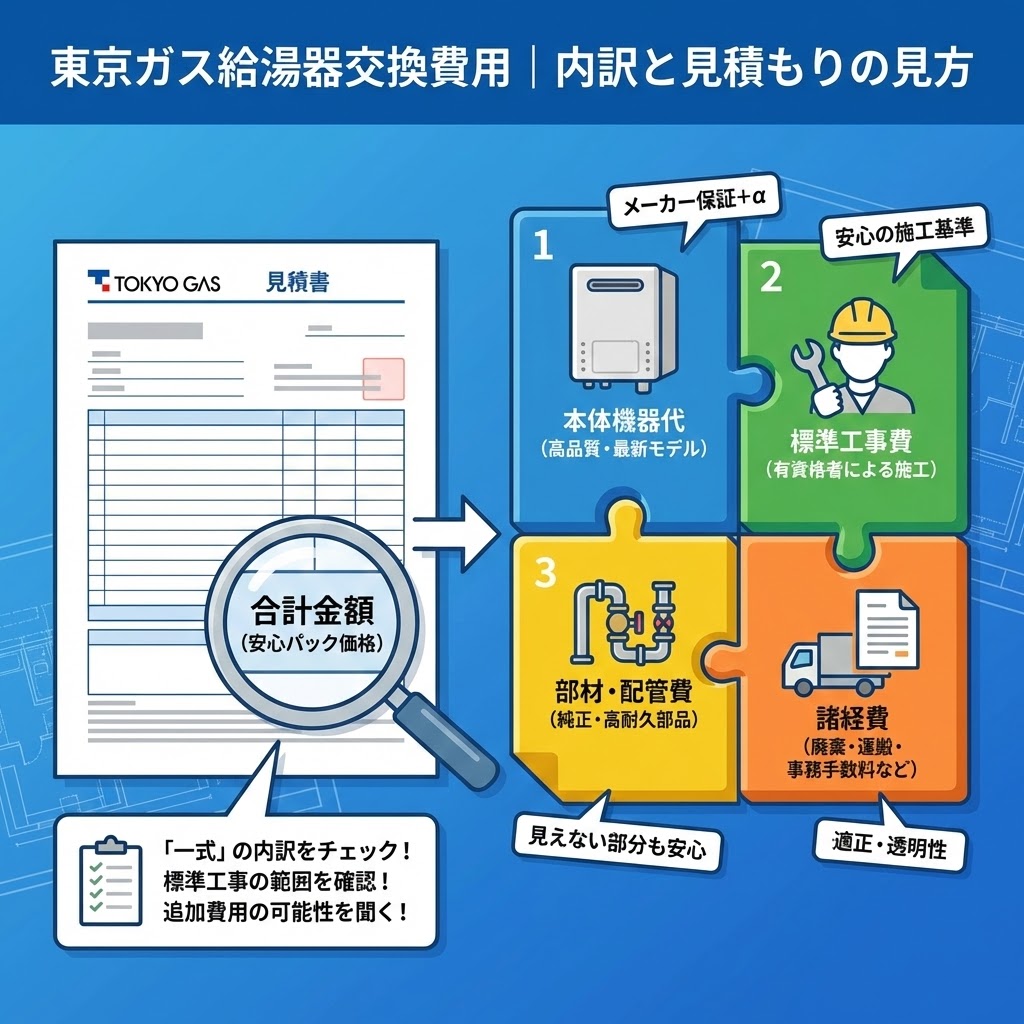 東京ガスの給湯器交換費用の内訳と見積もりの見方を解説するイラスト。虫眼鏡で見積書の合計金額を拡大し、その構成要素である「1.本体機器代」「2.標準工事費」「3.部材・配管費」「4.諸経費」をパズルピースで図解。それぞれの内容（高品質、有資格者施工、純正部品など）と、見積もり確認時の重要なチェックポイントを分かりやすく提示している。