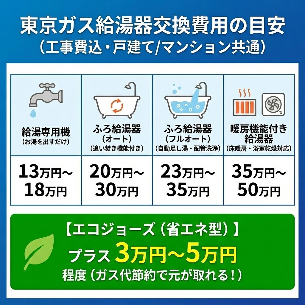 東京ガスの給湯器交換費用の目安（工事費込・戸建て/マンション共通）をまとめた表形式のイラスト。給湯専用機（13～18万円）、ふろ給湯器オート（20～30万円）、フルオート（23～35万円）、暖房機能付き（35～50万円）の費用目安と、エコジョーズ（プラス3～5万円）の追加費用がアイコンと共に分かりやすく提示されている。
